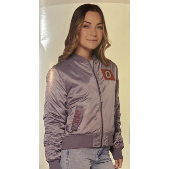 New OSU Ohio State Womens Mary Satin Ruched Bomber Jacket Size M Gray - Picture 1 of 11